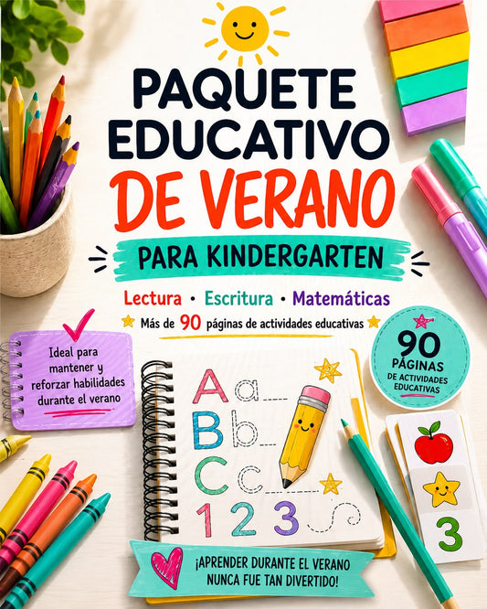 Paquete Educativo de Verano para Kindergarten | Lectura, Escritura, Matemáticas y Motricidad Fina