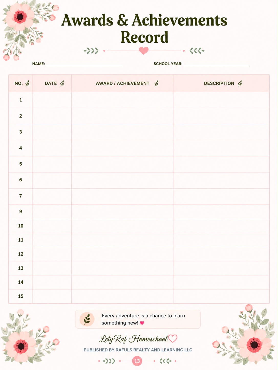 Homeschool Portfolio – Florida Home Education Record Book